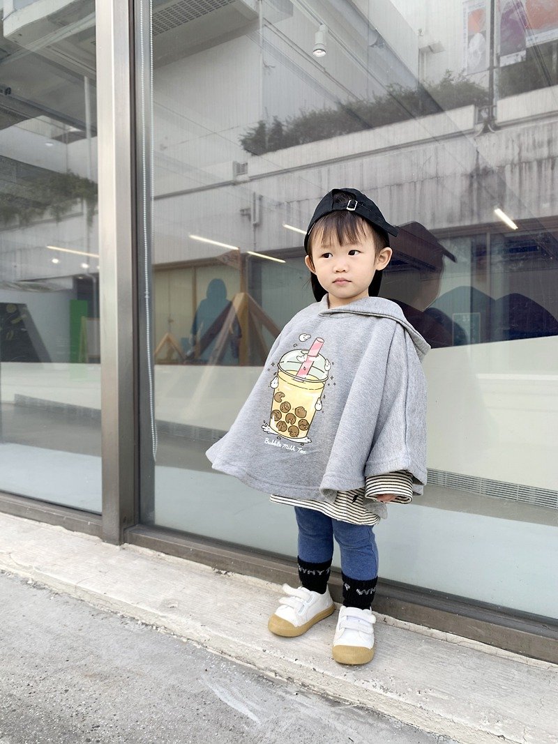 Mochi Rabbit bubble milk tea kid poncho -heather grey - เสื้อโค้ด - ผ้าฝ้าย/ผ้าลินิน หลากหลายสี