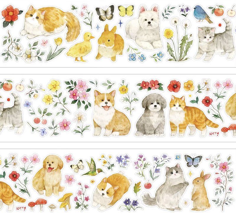 花園朋友 子犬 貓 うさぎ PET 割型貼紙捲 5米卷 - 紙膠帶/和紙/PET - 其他材質 多色