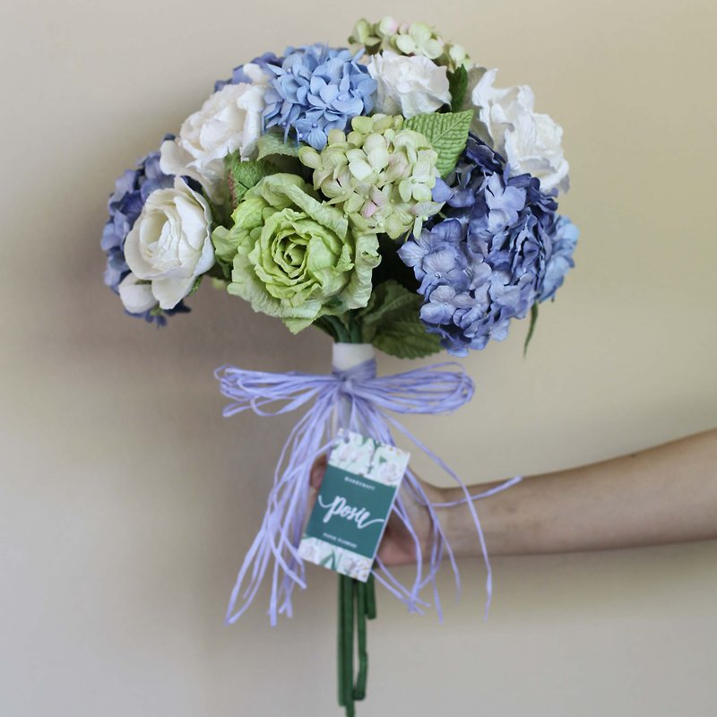 MB111 : ช่อดอกไม้เจ้าสาวขนาดกลาง สีน้ำเงินและสีเขียว - ตกแต่งต้นไม้ - กระดาษ สีน้ำเงิน