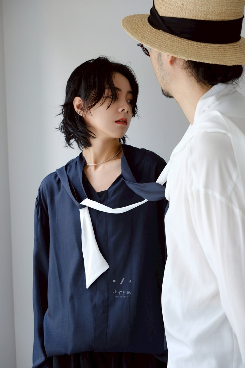 海王慵懶法式領帶寬鬆襯衫 - 2色 - 慵懶藍 - 女襯衫 - 其他人造纖維 藍色