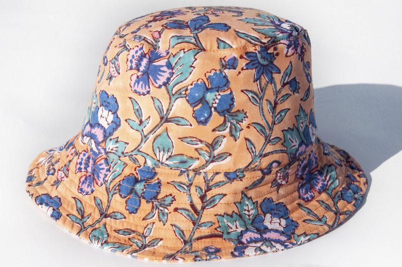 Fisherman hat, double-sided woodcut print hat, cotton hat, woven hat, sun hat, hiking hat, pumpkin hat - Orange Flower - Hats & Caps - Cotton & Hemp Multicolor