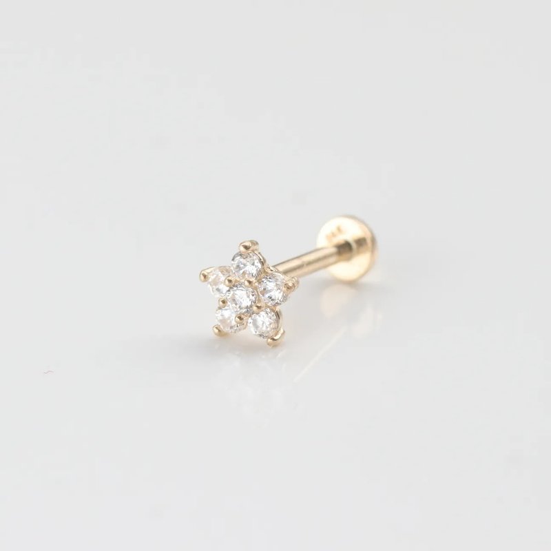 14K 五葉鑽鎖珠耳環 (前鎖 平底 圓餅) _ JA024 (單個) - 耳環/耳夾/耳骨夾 - 貴金屬 金色