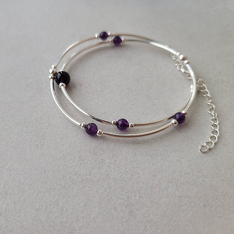 C002pu-Silver Amethyst Double Circle Bracelet - Bracelets - Sterling Silver Purple