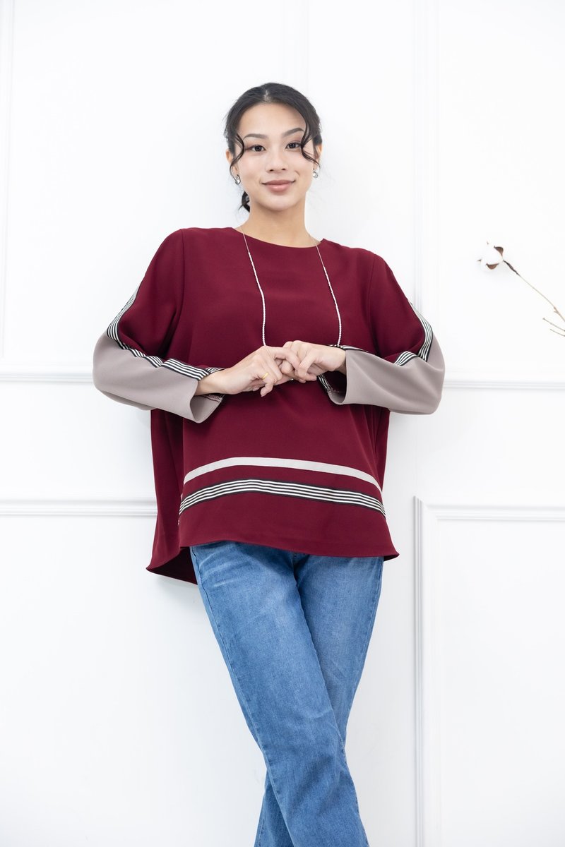 胸針黑.卡其條紋緞帶長袖上衣 紅色 - 女上衣/長袖上衣 - 其他材質 紅色