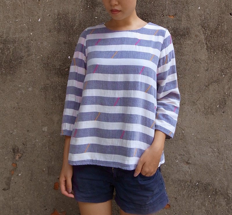Fair Trade Embroidery Embroidered Hand woven Cotton Shirt   Stripe - เสื้อผู้หญิง - ผ้าฝ้าย/ผ้าลินิน สีน้ำเงิน