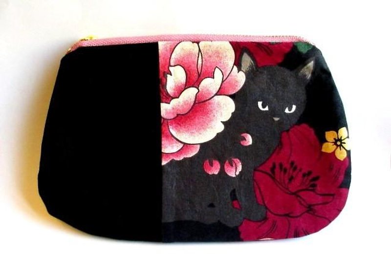 Black cat's Japanese pattern flat pouch * Red B - กระเป๋าเครื่องสำอาง - ผ้าฝ้าย/ผ้าลินิน สีเหลือง