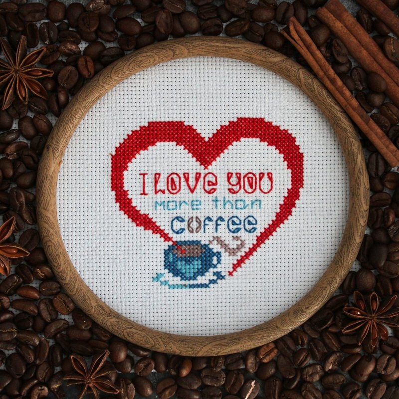 I love you more than coffee, easy and quick cross stitch pattern PDF - Logo 設計/圖案設計 - 其他材質 