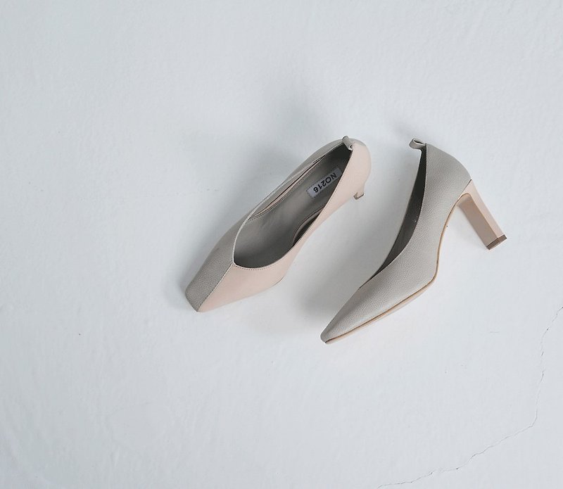 Square head cut stitching fine heel shoes gray powder - รองเท้าส้นสูง - หนังแท้ สีเทา