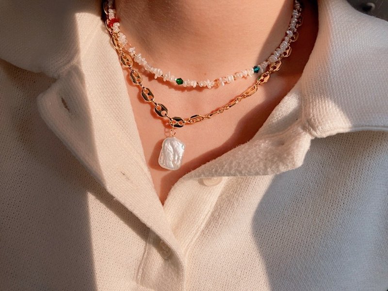 【熱賣】水晶 玻璃珠 淡水珍珠項鍊 | Y2K 千禧風飾物 歐美時尚 - 頸鏈 - 珍珠 