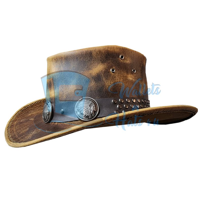 Trio Native Indian Head Band Crazy Horse Leather Cowboy Hat - 帽子 - 真皮 金色
