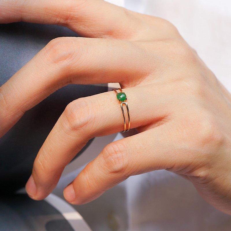 小綠豆兒天然翡翠戒指 未時18k黃金鑲嵌陽綠雙圈指環氣質送禮女友 - 戒指 - 玉石 