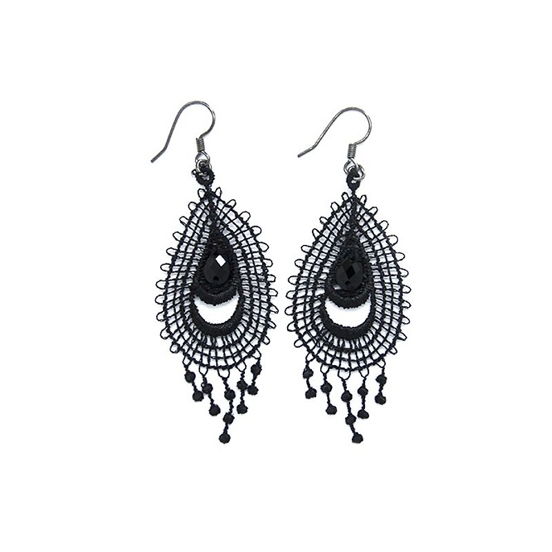 Classic embroidery lace earrings gift - Earrings & Clip-ons - Thread Black