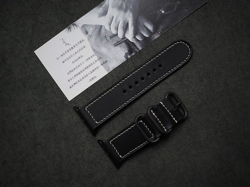 純手工牛皮黑色蘋果Applewatch錶帶 顏色款式可客製化 可刻字 - 錶帶 - 真皮 黑色