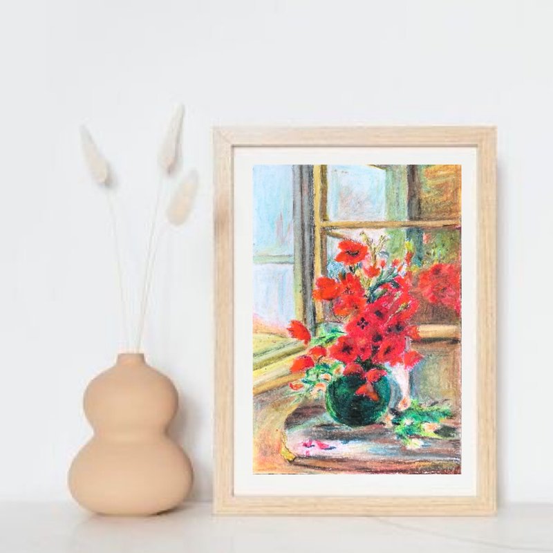 Bouquet of poppies still life wall art 8x11 inches original oil pastel painting - ตกแต่งผนัง - กระดาษ หลากหลายสี