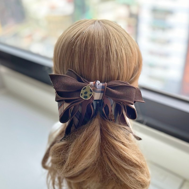 Three-dimensional overlay plaid bow intersecting clip banana clip fairy clip hair clip - dark brown - เครื่องประดับผม - วัสดุอื่นๆ สีนำ้ตาล