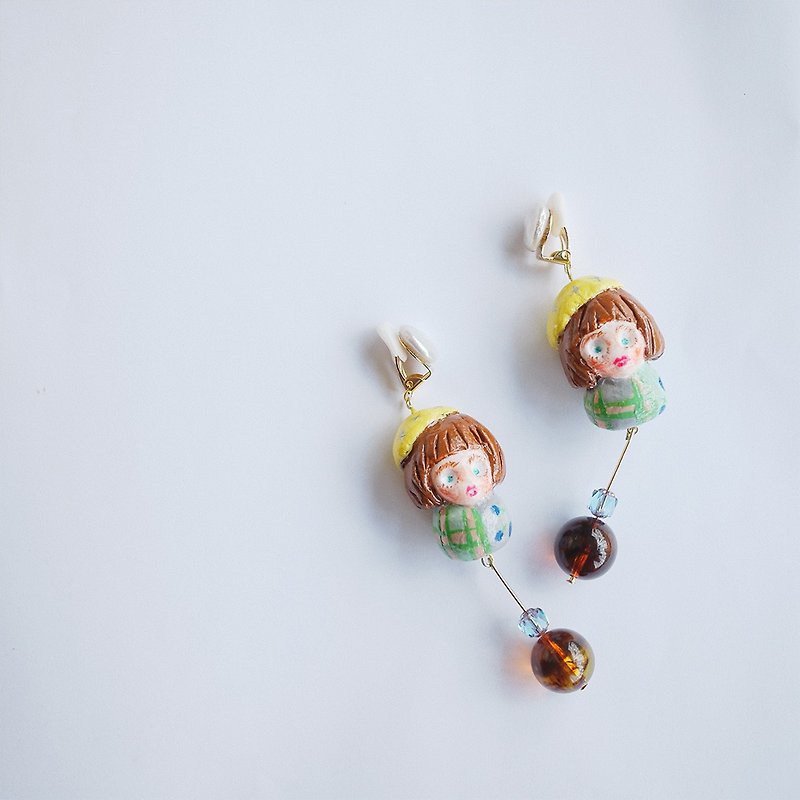 Pastoral girl sticks hand earrings ear clip - Earrings & Clip-ons - Clay Multicolor