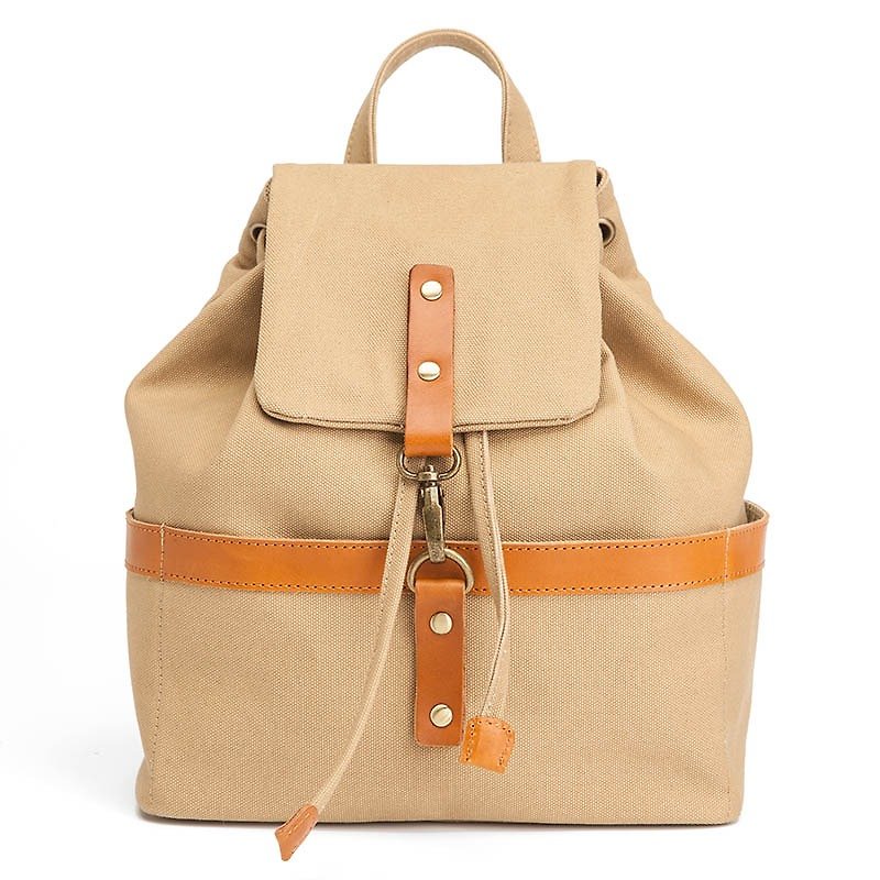 Bucket backpack with drawstring top in water resistant canvas and leather Khaki - Backpacks - Cotton & Hemp Khaki