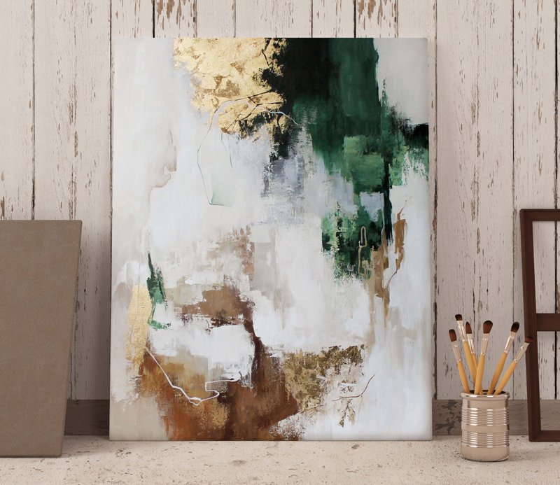 Green Gold Painting |  Green Gold Abstract | Green Wall Art | Green Flux 2 - 壁貼/牆壁裝飾 - 棉．麻 綠色