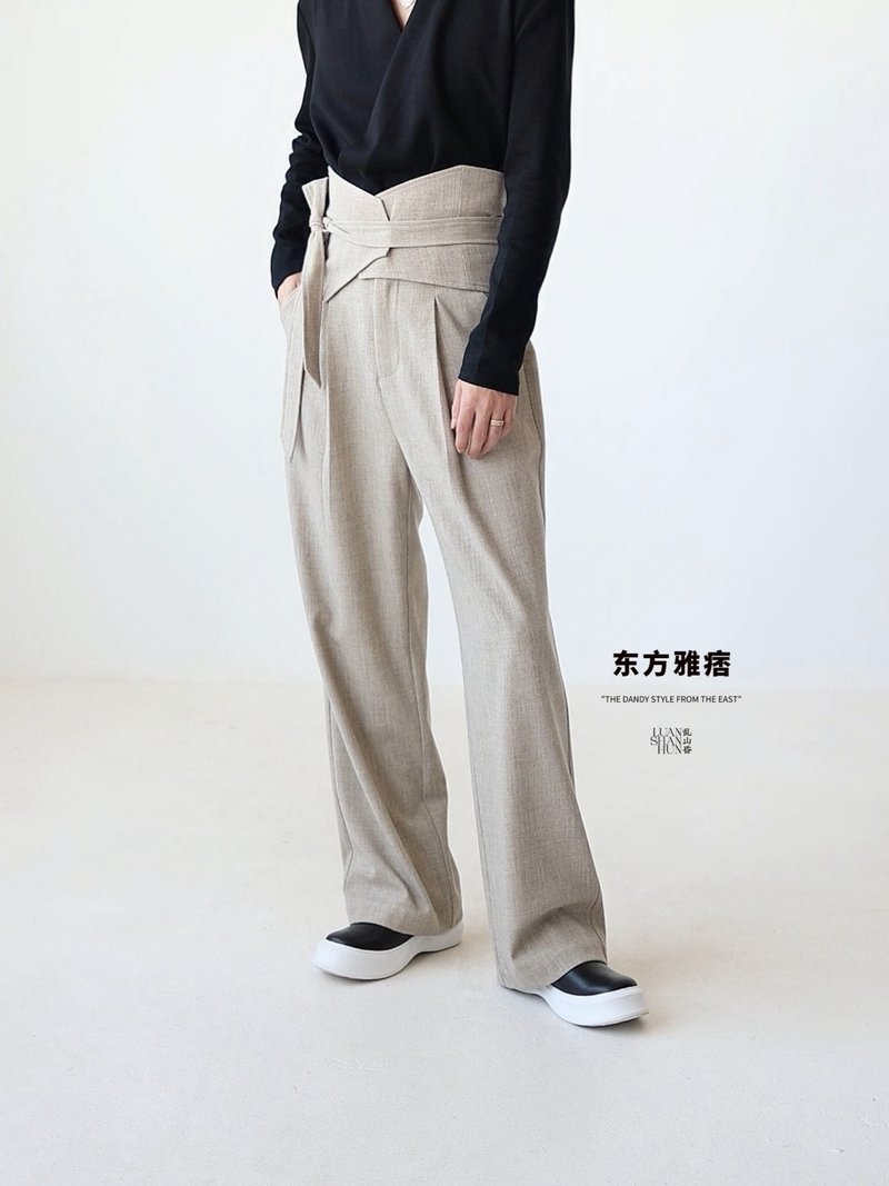 Luanshanhun Oriental yuppie new Chinese style original oatmeal straight-leg casual trousers for commuting autumn and winter - Men's Pants - Other Materials 