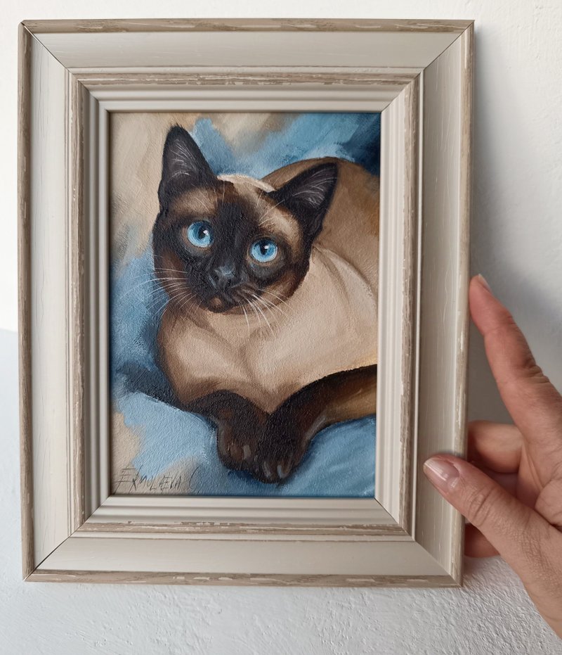 Siamese Cat Portrait Oil painting Thai Cat Art 13*18 cm - ตกแต่งผนัง - วัสดุอื่นๆ สีนำ้ตาล