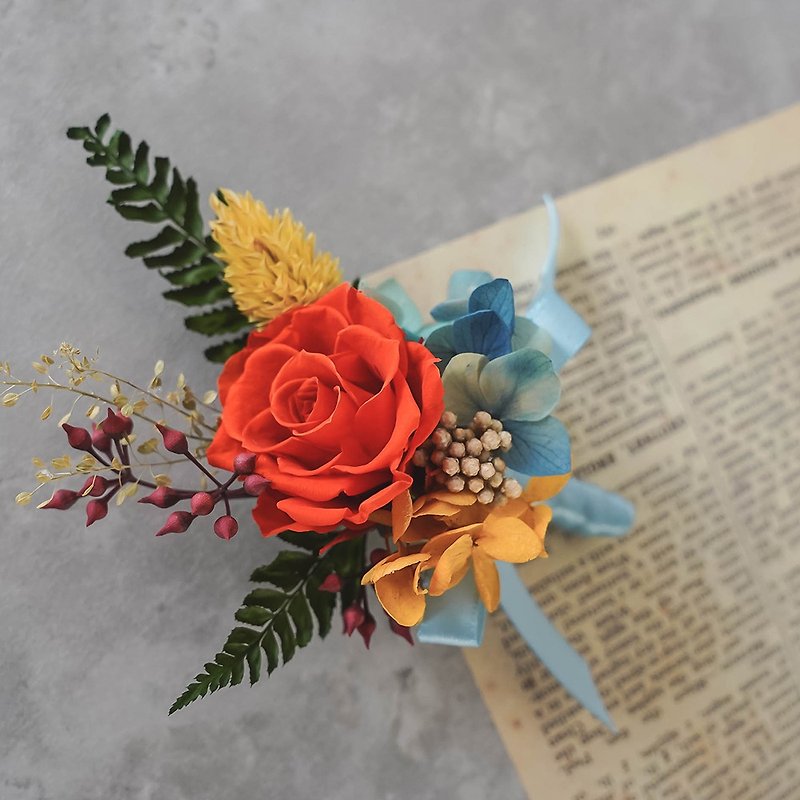 【Flower Plants】Orange bright officiant corsage/wedding/groom corsage/best man corsage/eternal flower - Dried Flowers & Bouquets - Plants & Flowers 