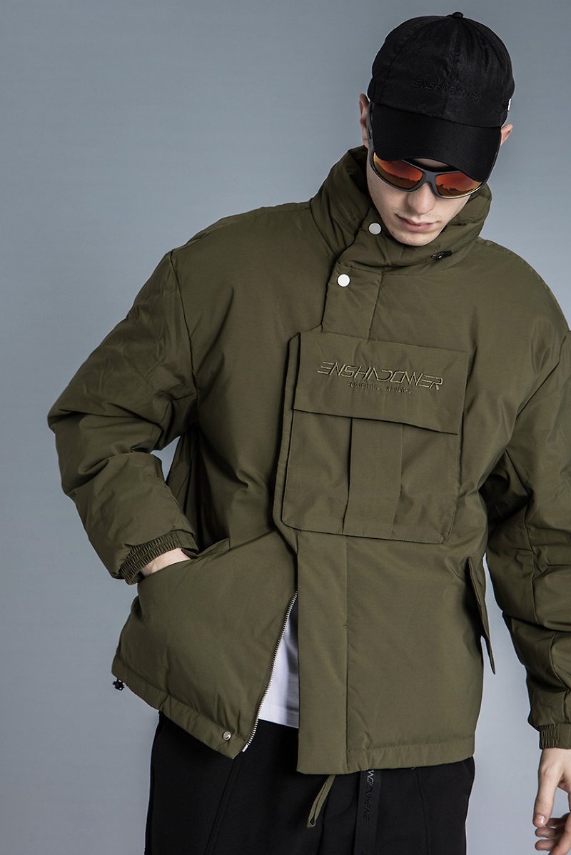 フード付きダウン ジャケット 厚みのあるタクティカル ウェブ カーゴ ジャケット - アウター メンズ - ポリエステル グリーン