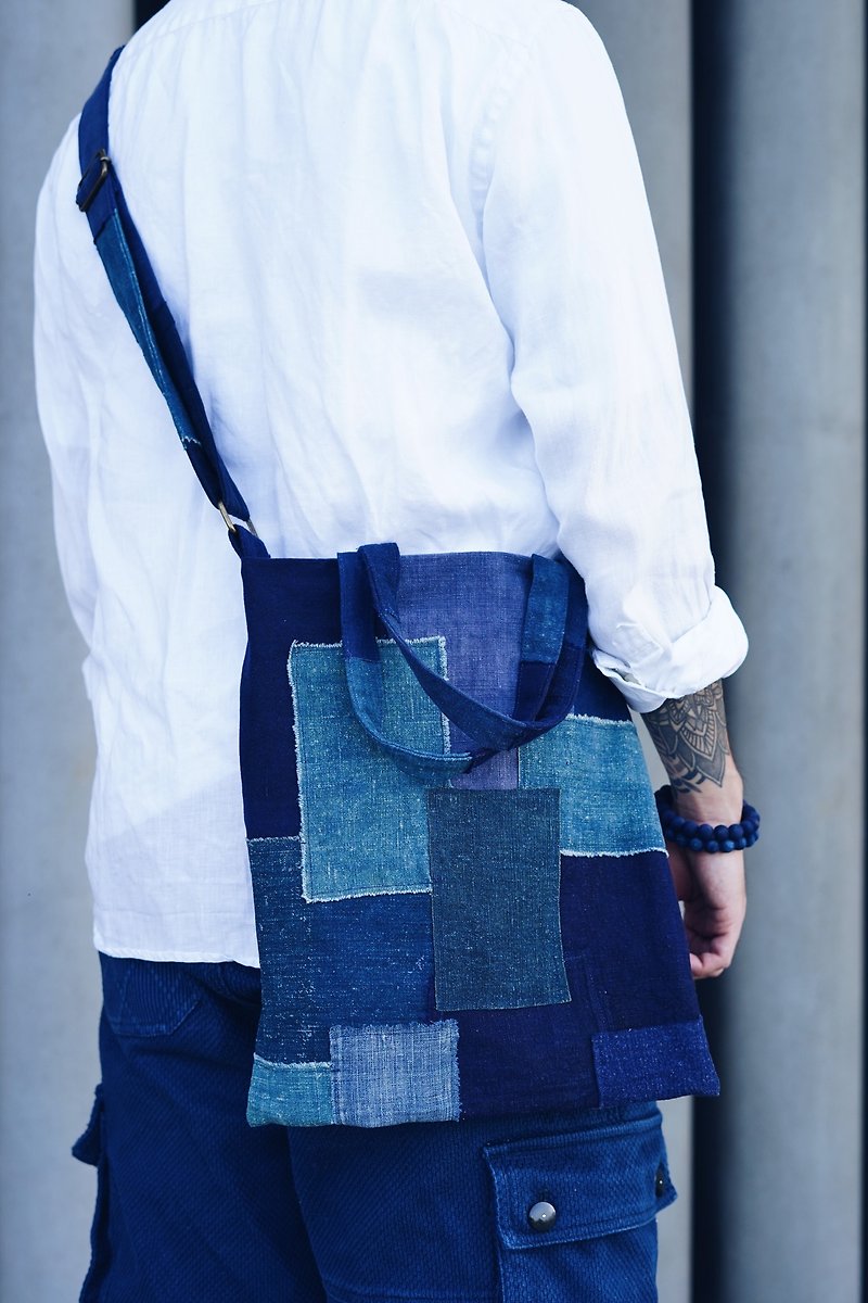 藍染手工拼布兩用手提斜背包 - 側背包/斜背包 - 棉．麻 