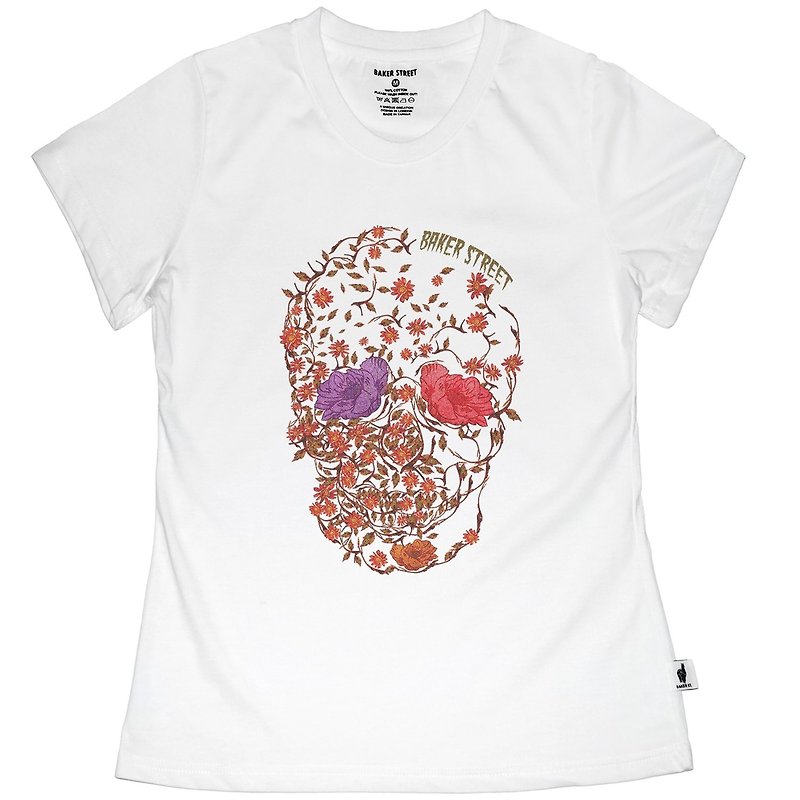 British Fashion Brand -Baker Street- Blossom Skull Printed T-shirt - Women's T-Shirts - Cotton & Hemp White