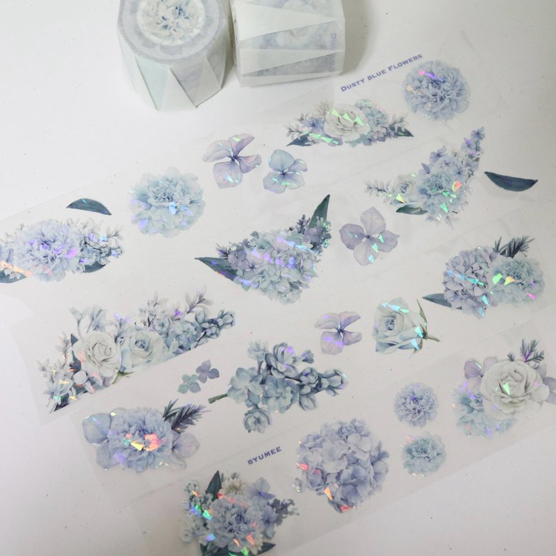 Dusty blue Flowers PET TAPE(5cm X 10m) - มาสกิ้งเทป - เส้นใยสังเคราะห์ สีใส