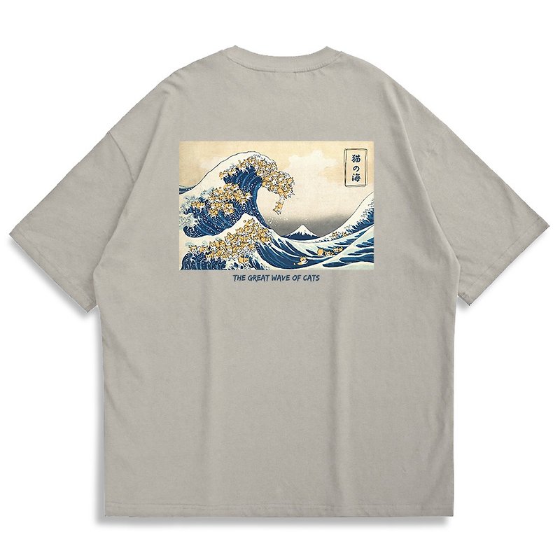 【CREEPS-STORE】Great Wave of Cats Oversized Printed T-shirt - Men's T-Shirts & Tops - Cotton & Hemp Multicolor