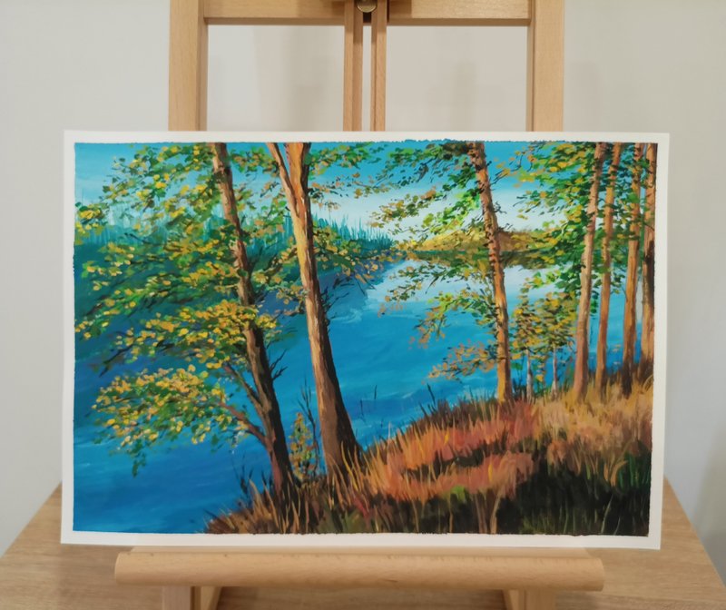 Gouache Autumn Forest, Original Art, Hand-painted Landscape, Paper, Frameless - โปสเตอร์ - กระดาษ 