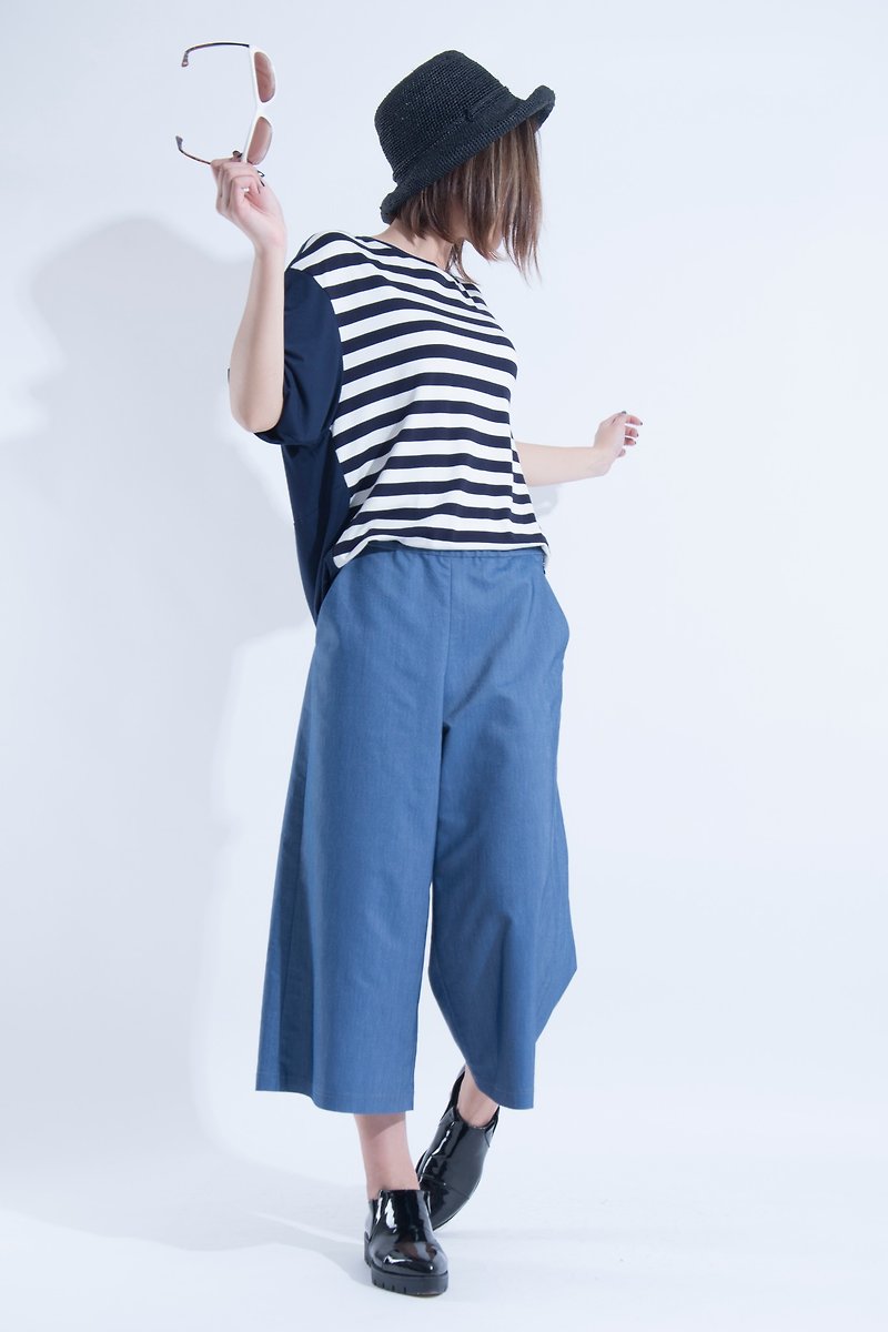 aine ann / simple and comfortable cool imitation denim wide pants-light blue - กางเกงขายาว - เส้นใยสังเคราะห์ สีใส