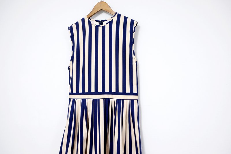 Long vest dress/blue Khaki stripes - One Piece Dresses - Cotton & Hemp Multicolor