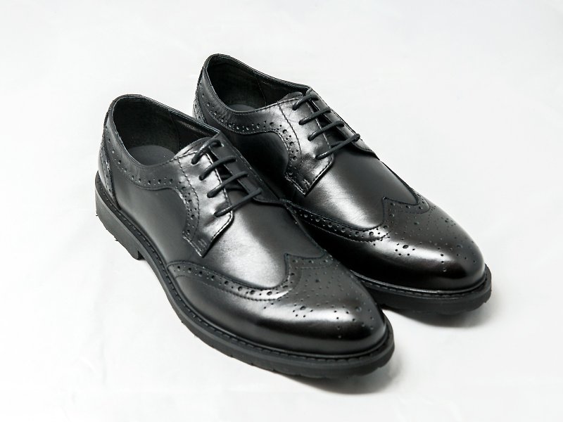 Hand-painted calfskin leather wing pattern carved derby shoes leather shoes men's shoes-black-E1A14 - รองเท้าอ็อกฟอร์ดผู้ชาย - หนังแท้ สีดำ