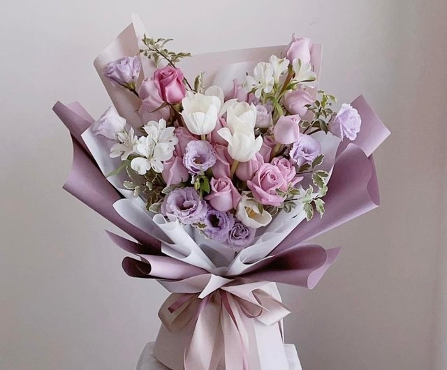 Bouquet of Double Pink and White Tulips with Lavender Accent