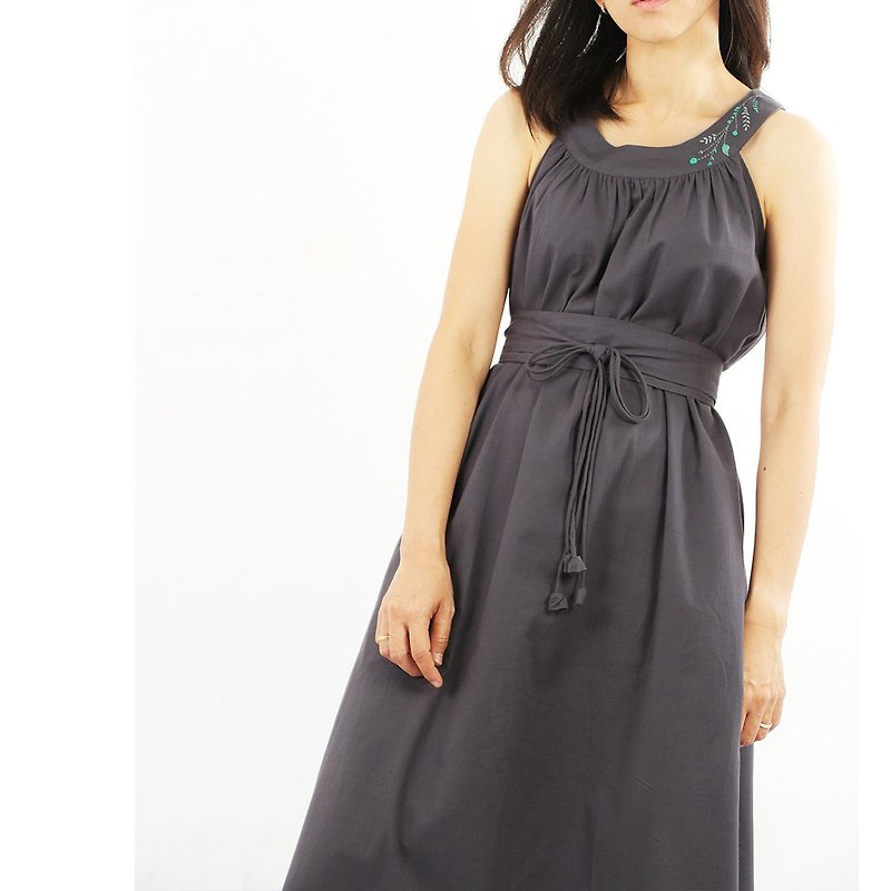 Cotton Maxi Dress, Hand embroidery/ Gray - One Piece Dresses - Cotton & Hemp Gray