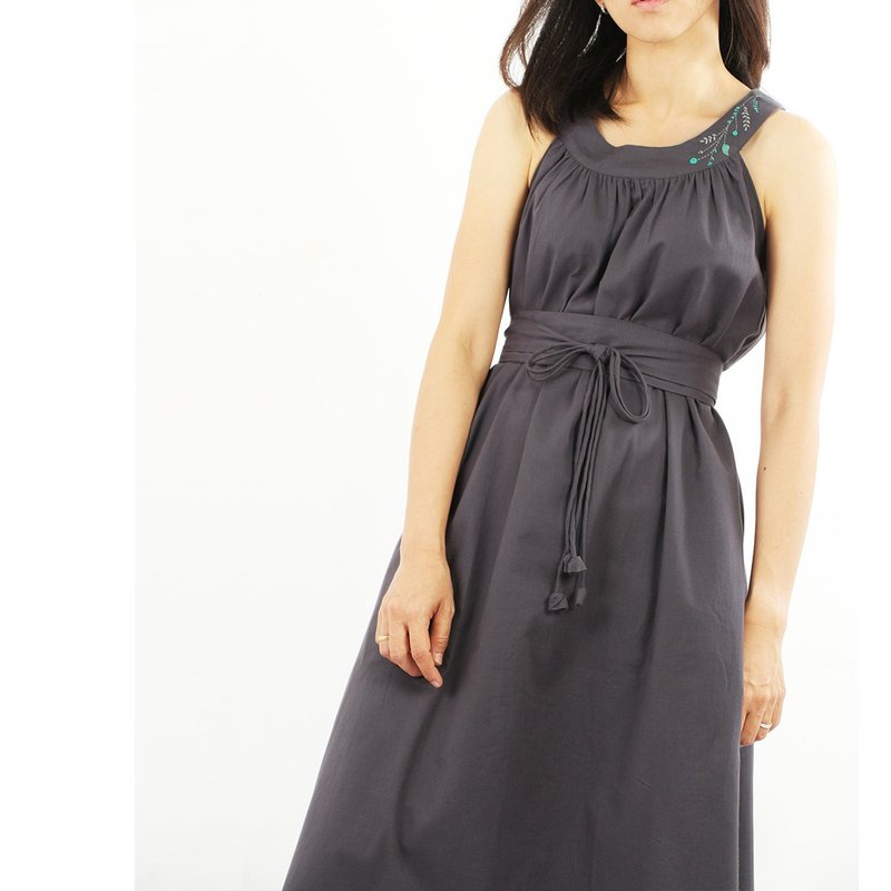 Cotton Maxi Dress, Hand embroidery/ Gray - One Piece Dresses - Cotton & Hemp Gray