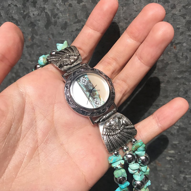 【Lost and find】古董款 鮑貝 白蝶貝 松石 印第安 手錶 - 女裝錶 - 寶石 綠色