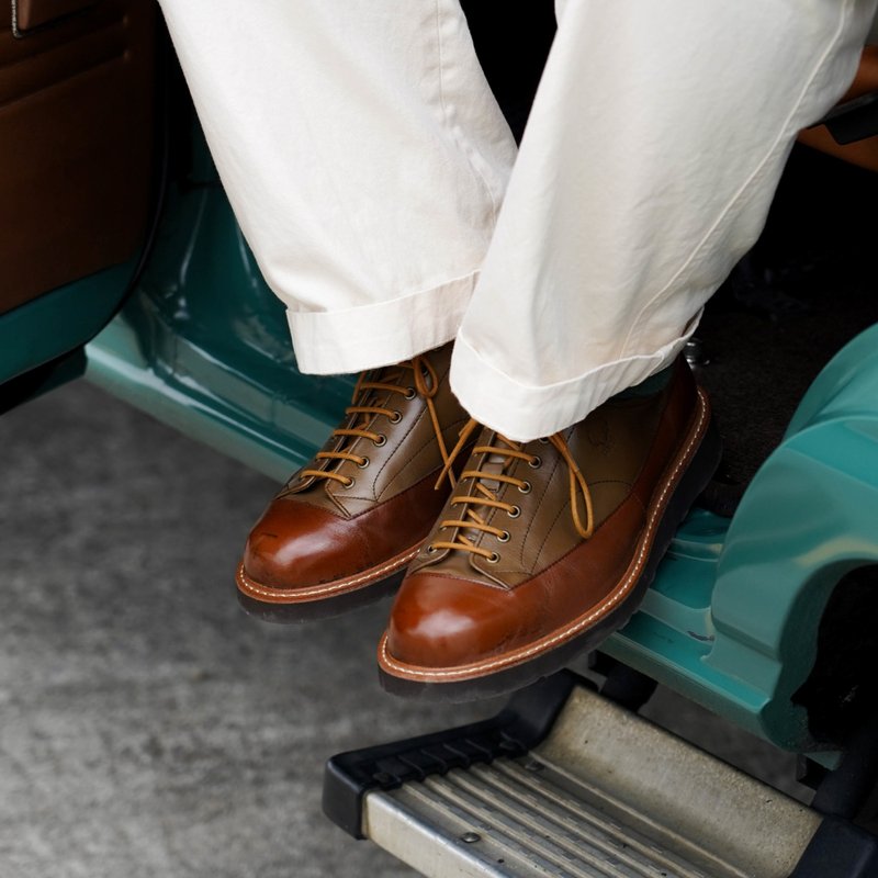 Round-toe Colorblock Men's Shoes/Green-Brown/129E Last - Men's Leather Shoes - Genuine Leather Green