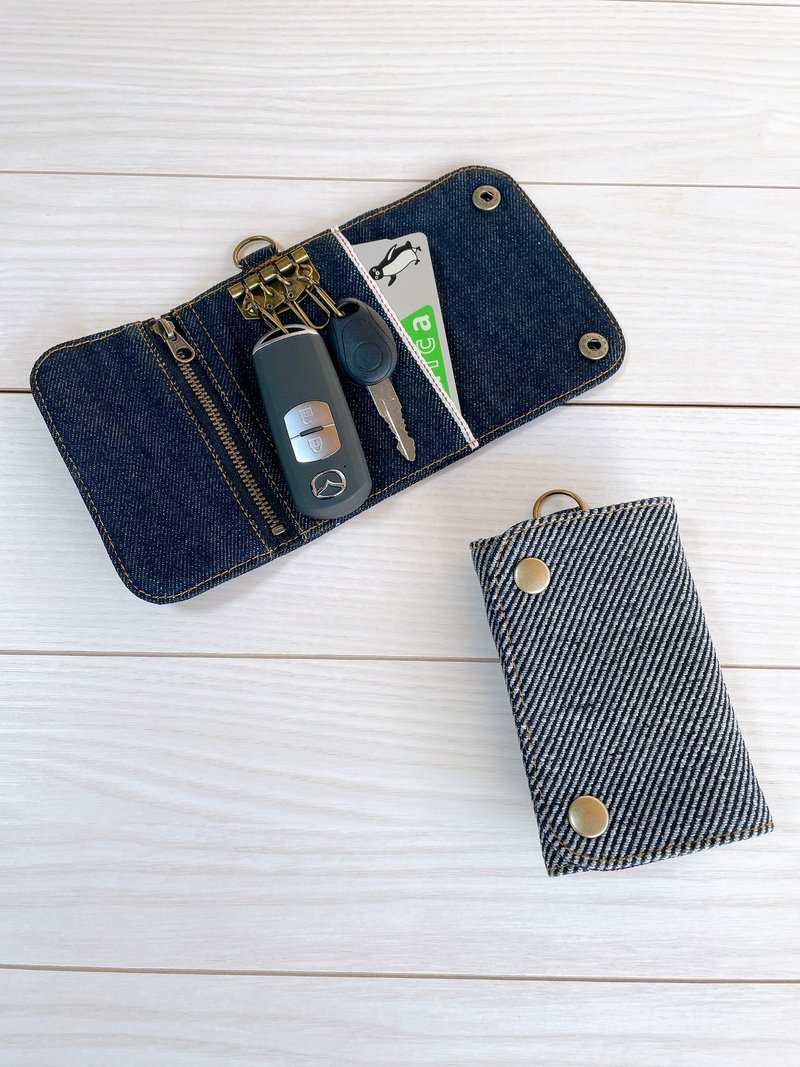 Okayama twill denim tri-fold key case, 4-ring smart key case, card case, coin case - Keychains - Cotton & Hemp Blue