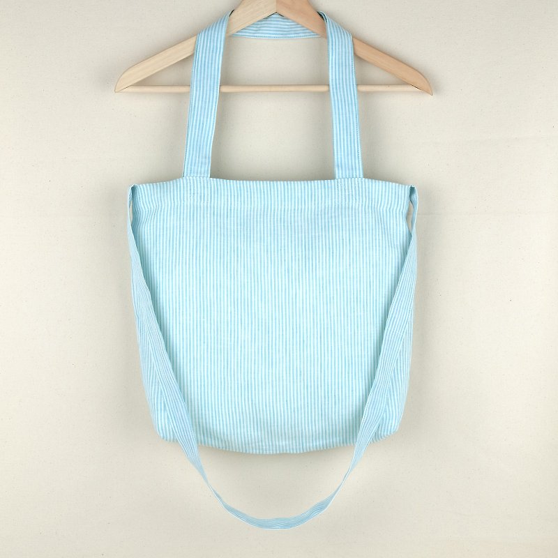 Mint & White Striped Linen Tote Bag - กระเป๋าเป้สะพายหลัง - ผ้าฝ้าย/ผ้าลินิน สีน้ำเงิน