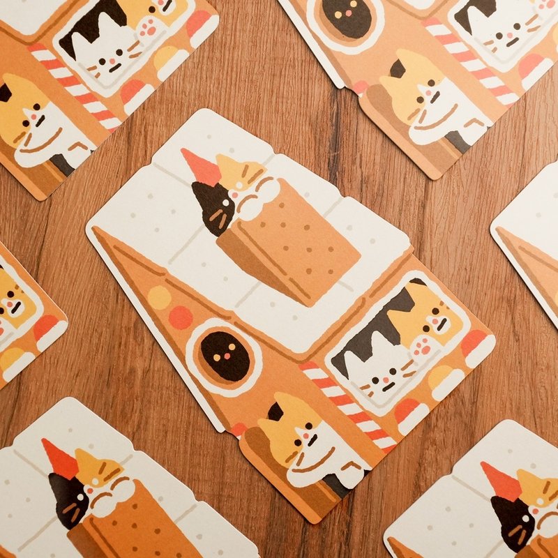 造型卡片 明信片 聖誕卡 雙面印製 - 薑餅屋貓咪 - 卡片/明信片 - 紙 紅色