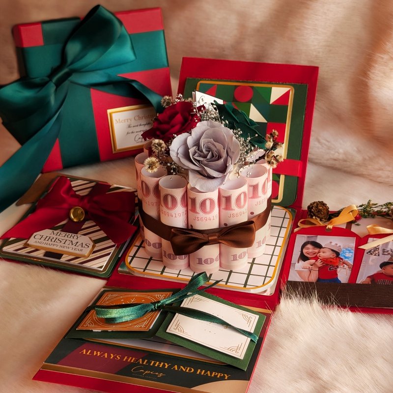 【聖誕紅機關禮物盒有錢花套組】手作禮物/驚喜相片機關卡片 - 卡片/明信片 - 紙 
