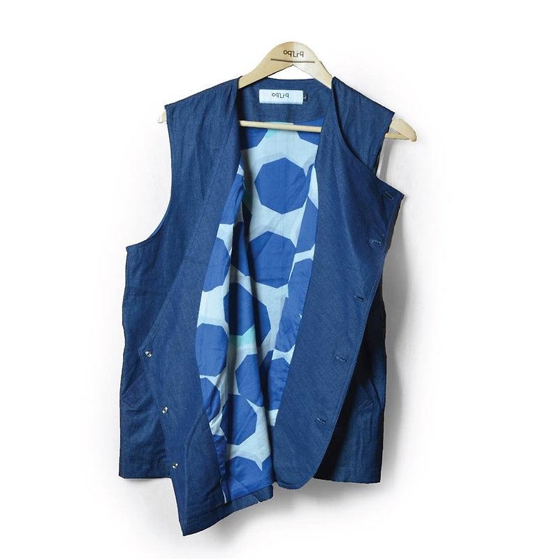 oqLiq - Thread - denim armor vest - เสื้อกั๊กผู้ชาย - ผ้าฝ้าย/ผ้าลินิน สีน้ำเงิน