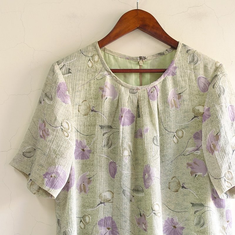 │Slowly│ 淡綠紫卉/古著洋裝 │vintage.復古.文藝 - 洋裝/連身裙 - 聚酯纖維 多色