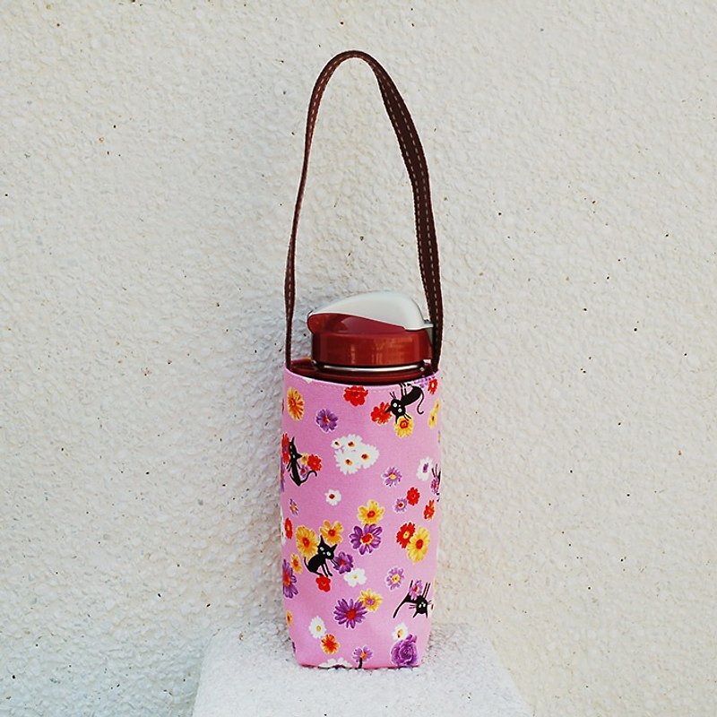 Love flower cat water bottle bag - Beverage Holders & Bags - Cotton & Hemp Pink