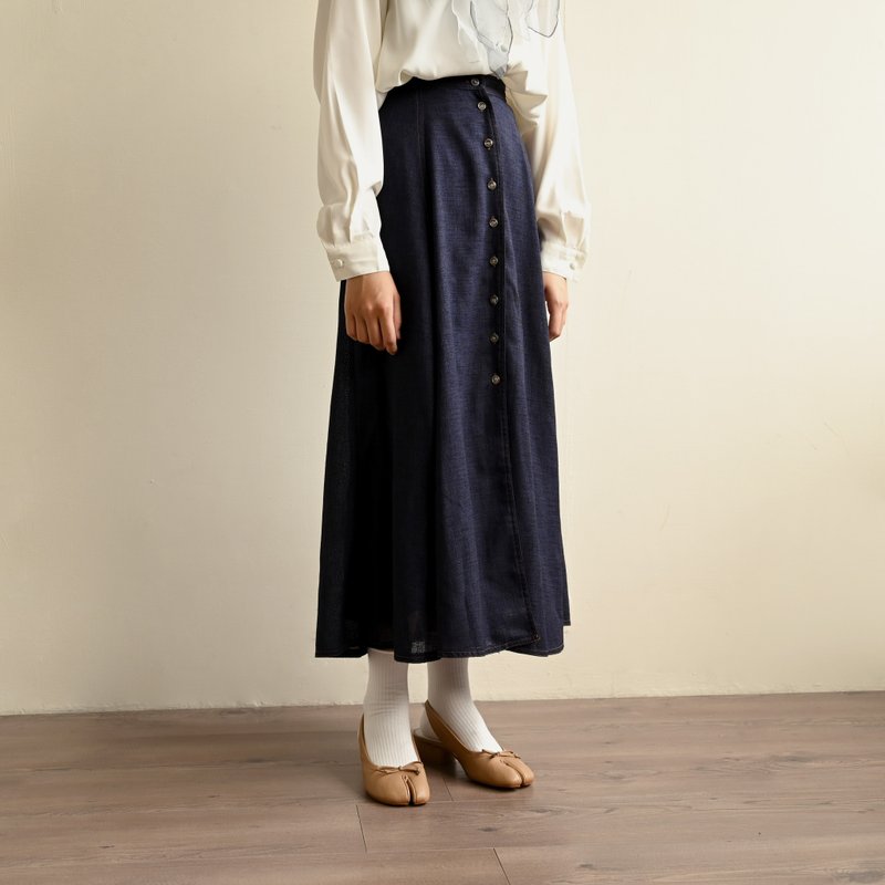 【NaSuBi Vintage】鈕扣綴飾純色高腰古著裙 - 裙子/長裙 - 其他人造纖維 