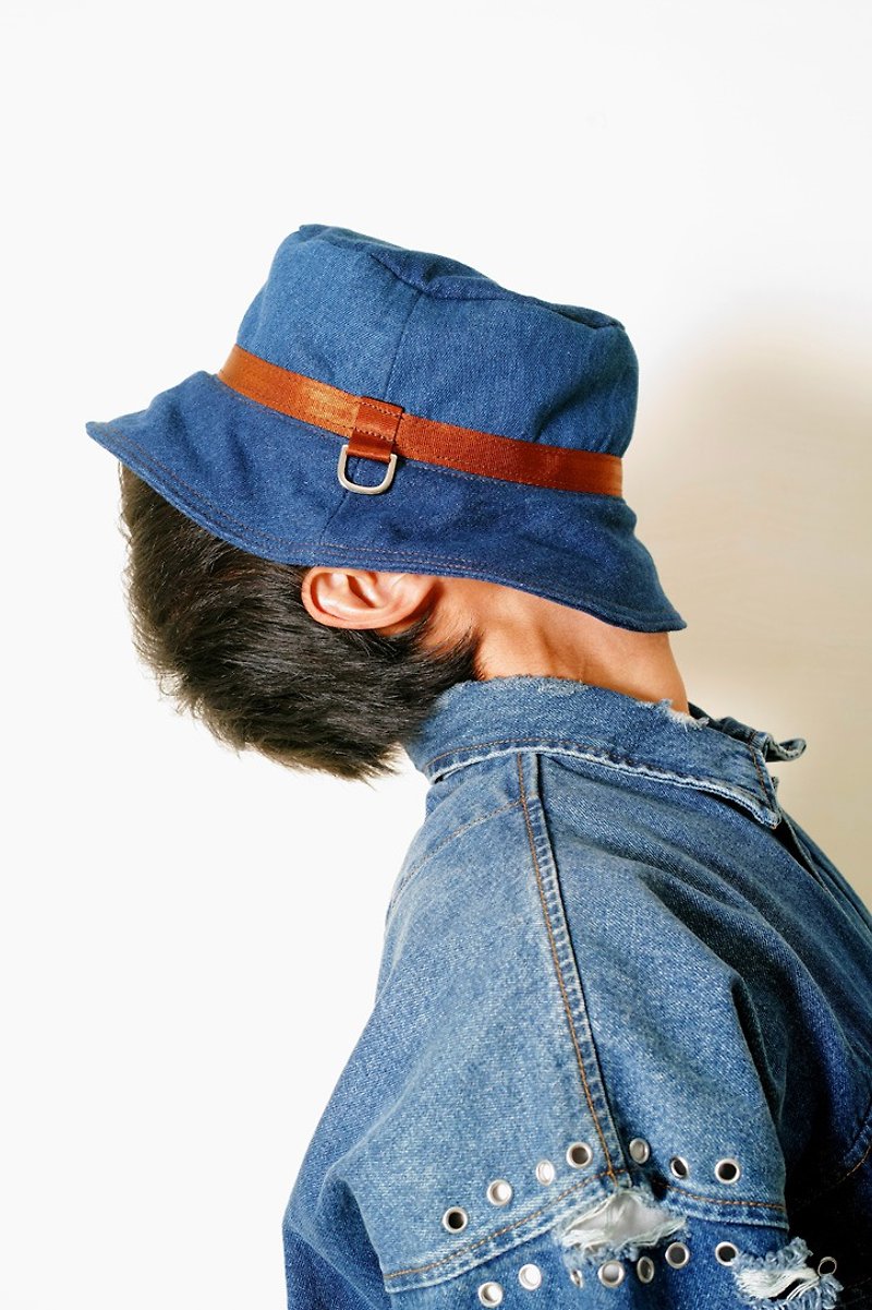 DENIM-Hand-made Denim Denim Canvas Bucket Hat - หมวก - ผ้าฝ้าย/ผ้าลินิน สีน้ำเงิน