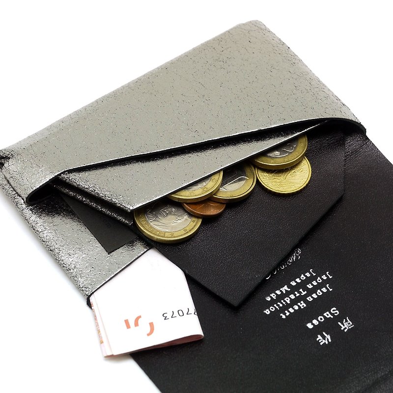 日本手工-所作Shosa 植鞣牛皮 零錢包 - 時尚內斂款/銀黑 - 零錢包/小錢包 - 真皮 銀色