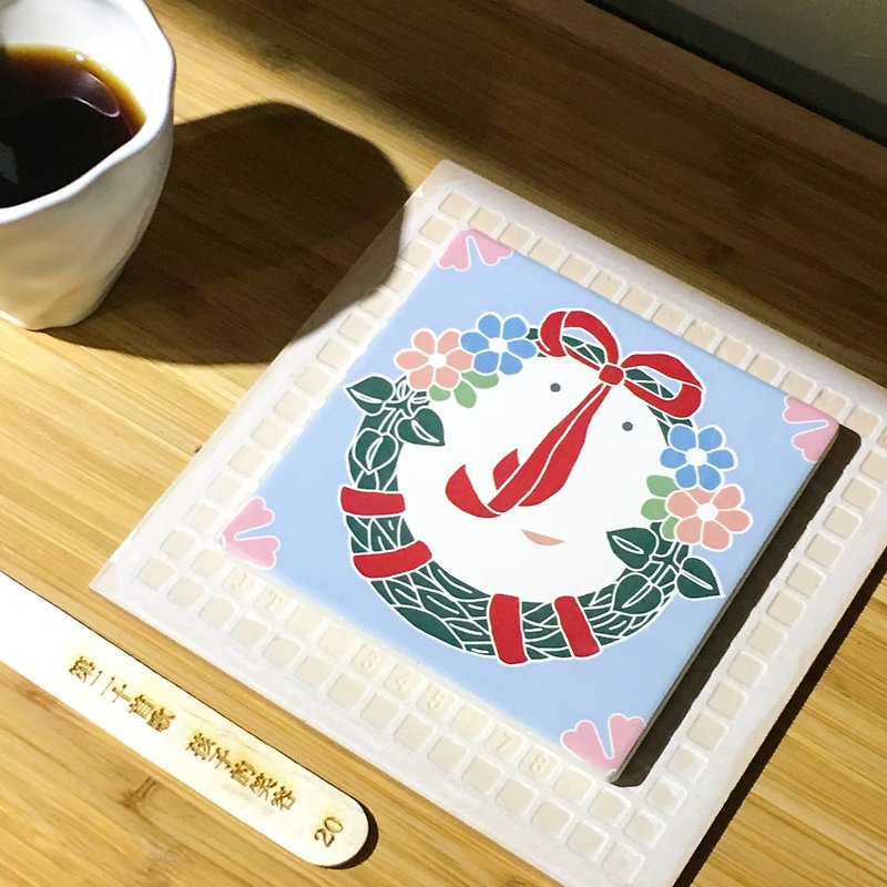 Taiwan Majolica Absorbent Tiles Coaster【Smile pinkblue】 - อื่นๆ - ดินเผา สีน้ำเงิน